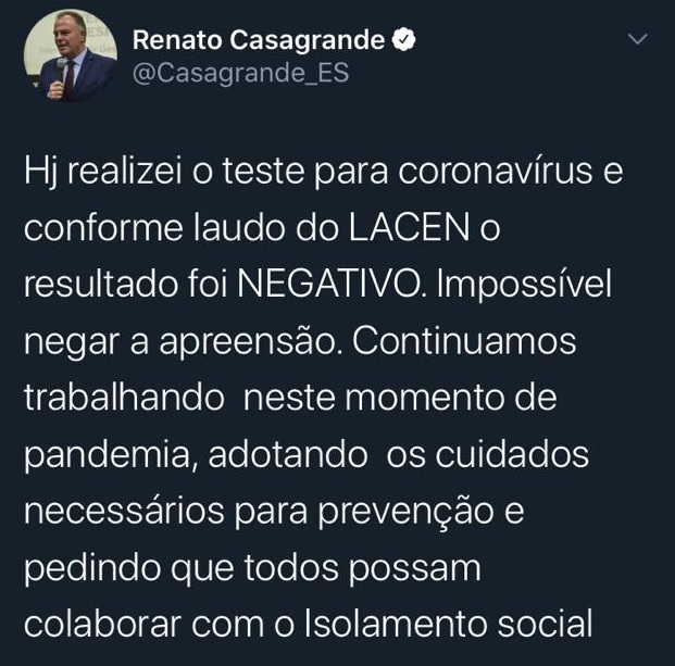 Pelo Twitter, Casagrande revela resultado do teste para covid-19: ‘Negativo’