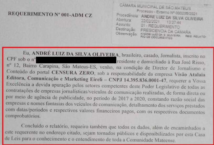 CENSURA ZERO requer documentação à Câmara de São Mateus contra fake news institucionalizadas e espaço para debater o tema com Vereadores