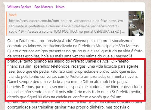Ex-aliado denuncia: prefeito Daniel comanda sistema criminoso de fake news institucionalizada; confirmação foi feita a policiais, senador, deputados, vereadores, secretários municipais e jornalistas com apelo ao Presidente da Câmara de São Mateus