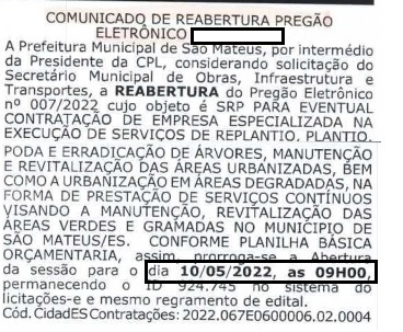 São Mateus corrige edital e remarca para 10 de maio licitação de áreas verdes, no valor de R$ 8,7 milhões