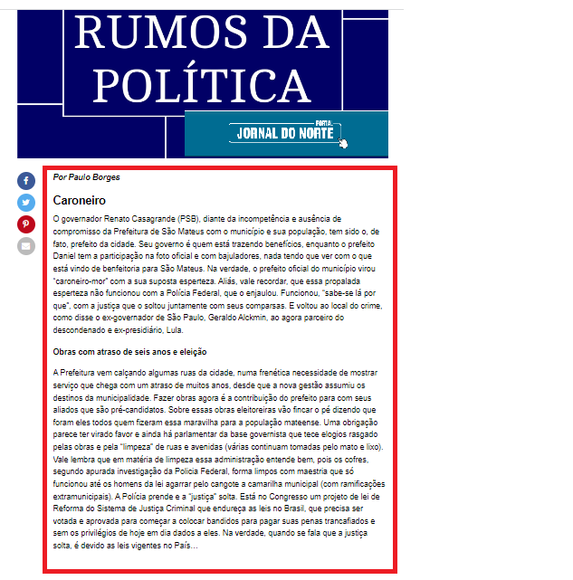 Colunista do ‘jornal da Anginha’ explode contra Daniel: “caroneiro-mor”, “camarilha municipal”, “polícia prende e ‘justiça’ solta”