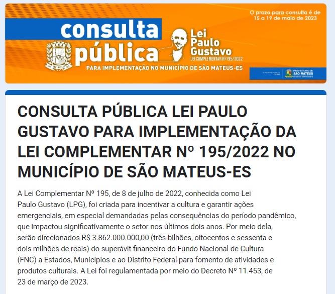São Mateus vai distribuir R$ 1,112 milhão da Lei Paulo Gustavo; consulta pública já está aberta para sugestões de incentivo à cultura
