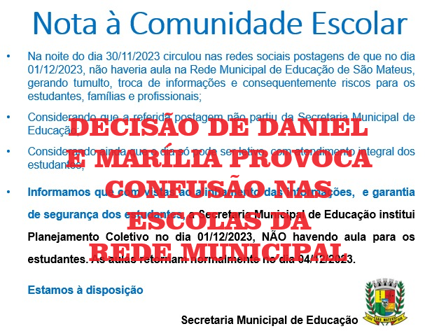 CALOTE NO TRANSPORTE ESCOLAR – Daniel e Marília ignoram aviso de paralisação dos ônibus, não admitem erro grave da gestão e causam caos nas escolas municipais a partir de comunicado de “planejamento coletivo” proposital na madrugada, cancelando as aulas nesta sexta (1º/12); estudantes que não utilizam ônibus escolar tiveram de voltar para casa frustrados, professores que haviam marcado provas e outras atividades lamentam e desinformação impera nas unidades de ensino; “Mais uma para compor a bagunça geral dessa Secretaria de Educação. Estamos todos na escola, porém sem alunos”, desabafou um professora