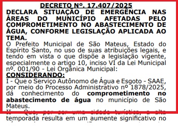 Marcus da Cozivip decreta situação de emergência no abastecimento de água em São Mateus