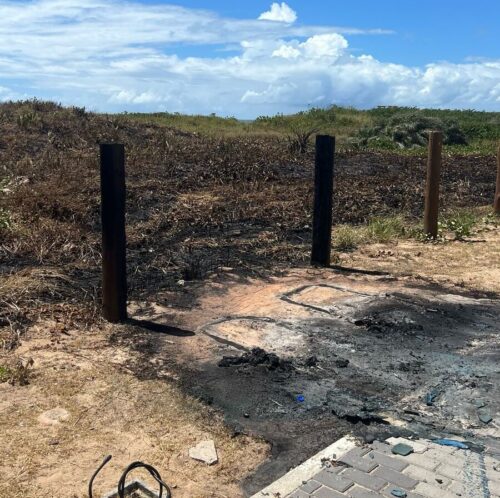 Vândalos colocam fogo em banheiros químicos, atingindo a restinga em Guriri