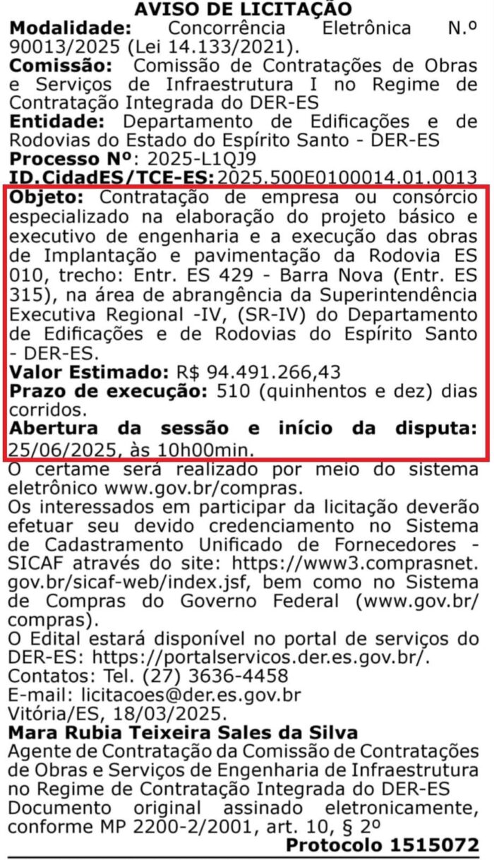 DER-ES abre licitação de R$ 94,4 milhões para ponte do Nativo e asfalto na ES-010 até FAL